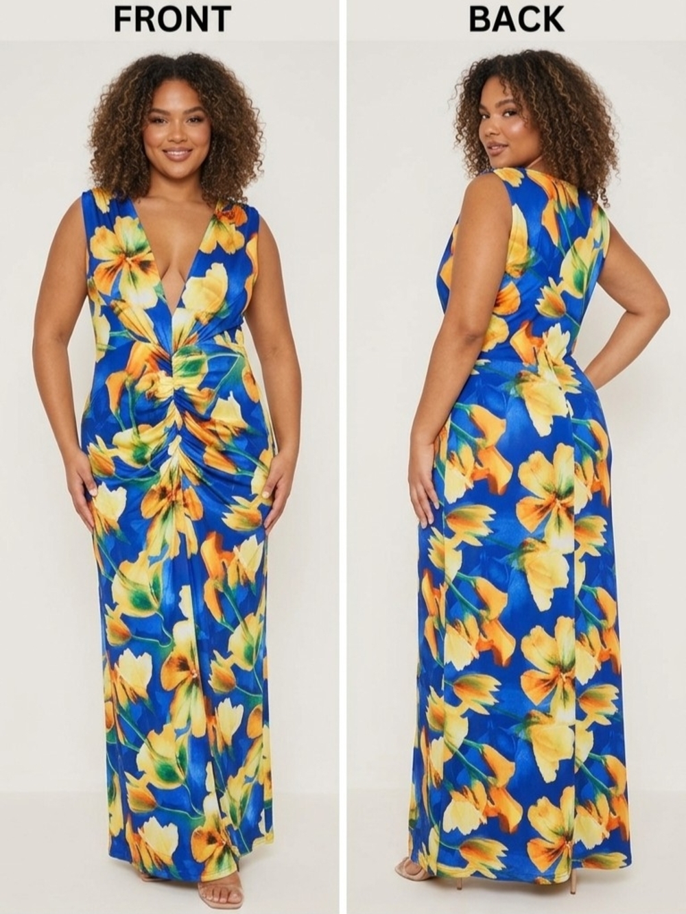 Vibrant Blue Floral Ruched Maxi Dress